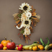 Artificial Fall Harvest Teardrop Swag 24 Inch Thanksgiving Wreath with Sunflower and Berry for Front Door Wall Autumn Outdoor Decor Bulk