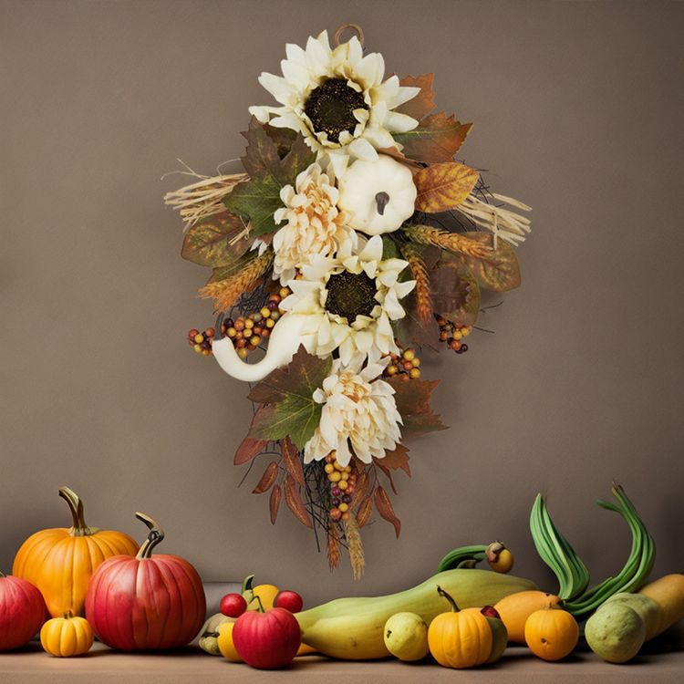 Artificial Fall Harvest Teardrop Swag 24 Inch Thanksgiving Wreath with Sunflower and Berry for Front Door Wall Autumn Outdoor Decor Bulk