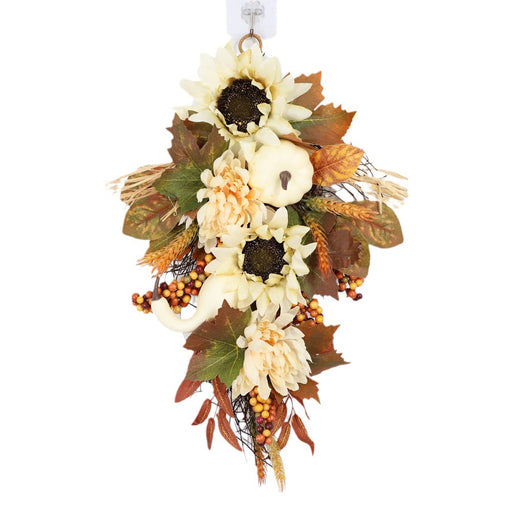 Artificial Fall Harvest Teardrop Swag 24 Inch Thanksgiving Wreath with Sunflower and Berry for Front Door Wall Autumn Outdoor Decor Bulk