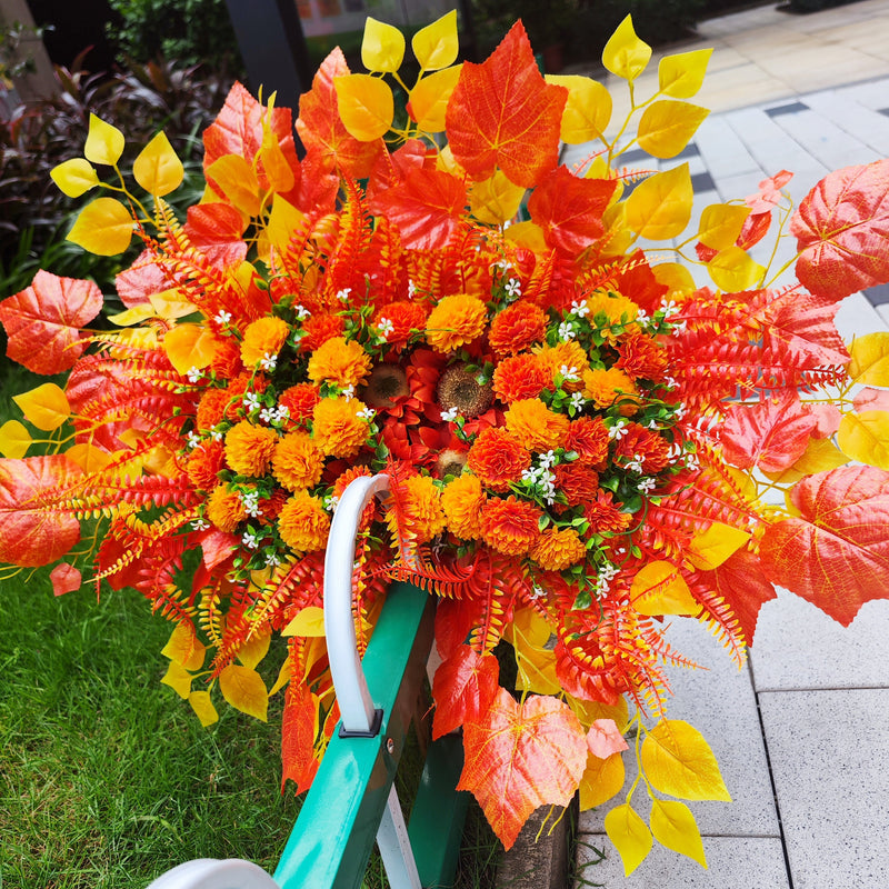 32 Inch Sunset Orange Artificial Mums Cemetery Flower Saddle for Headstone - Bulk Quantity