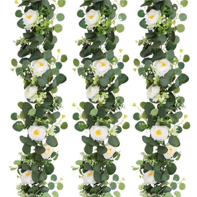 2 Pack Faux Eucalyptus and Rose Flower Hanging Garland, Artificial Greenery Decor for Home Party Table
