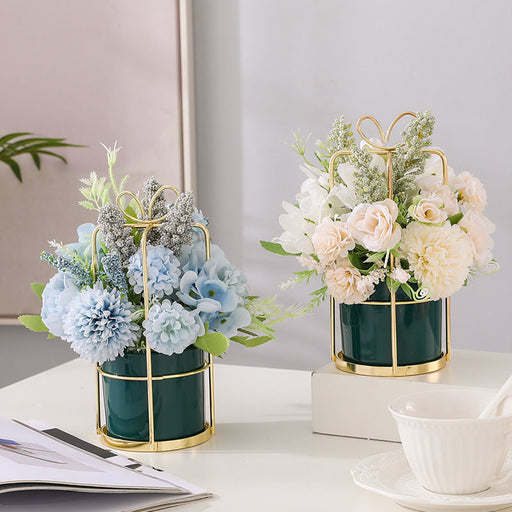 8 Inch Artificial Flowers Bouquet 12 Pcs Mixed Color Silk Flower Arrangement with Vase