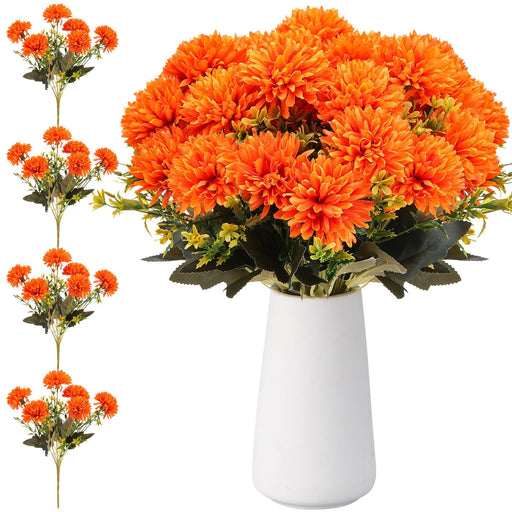 4 Pcs Artificial Marigold Flower Bushes, 11.8 Inch Faux Mum Ball Flowers for Autumn, Silk