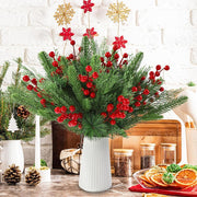 60 Pcs Artificial Pine Greenery Branches with Red Holly Berries Christmas Stems
