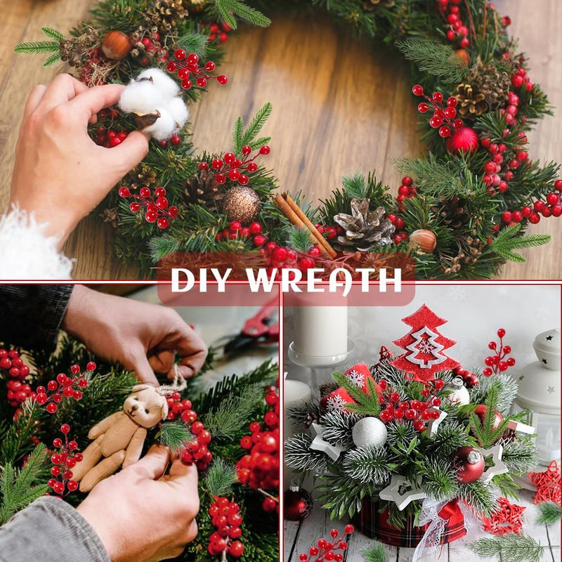 60 Pcs Artificial Pine Greenery Branches with Red Holly Berries Christmas Stems