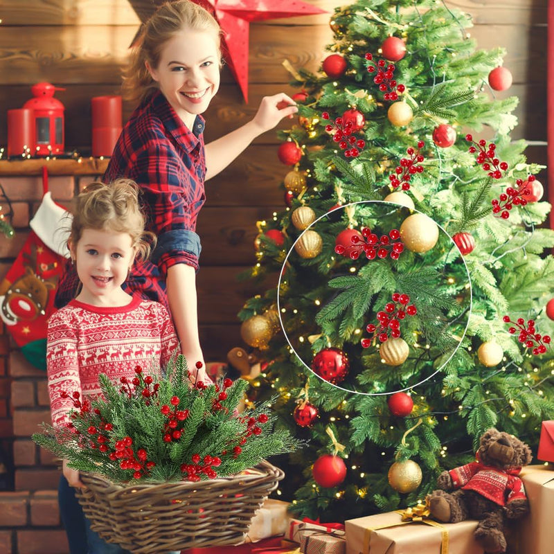 60 Pcs Artificial Pine Greenery Branches with Red Holly Berries Christmas Stems