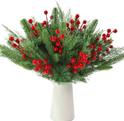 60 Pcs Artificial Pine Greenery Branches with Red Holly Berries Christmas Stems