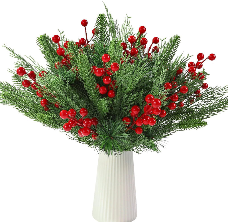 60 Pcs Artificial Pine Greenery Branches with Red Holly Berries Christmas Stems