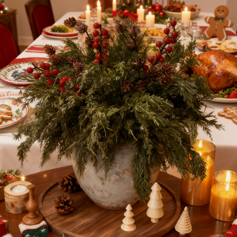 18 Pcs Faux Pine Stems with Pinecones and Red Berries, Realistic Artificial Greenery Branches for Vases, DIY Decor