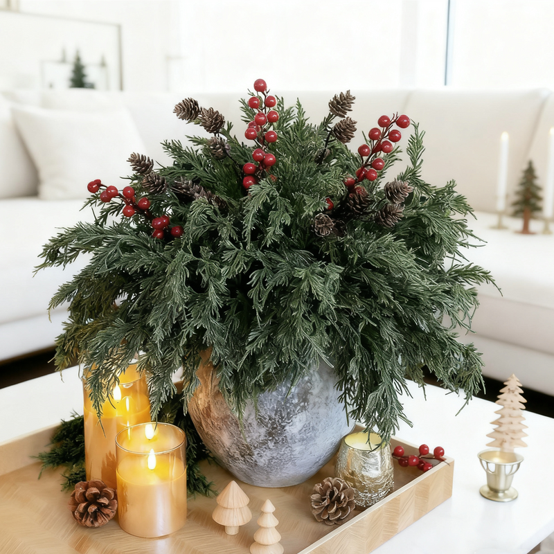18 Pcs Faux Pine Stems with Pinecones and Red Berries, Realistic Artificial Greenery Branches for Vases, DIY Decor