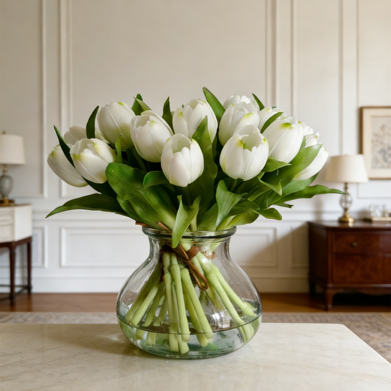 12" Artificial White Real Touch Tulip Arrangement in Vase with Faux Water