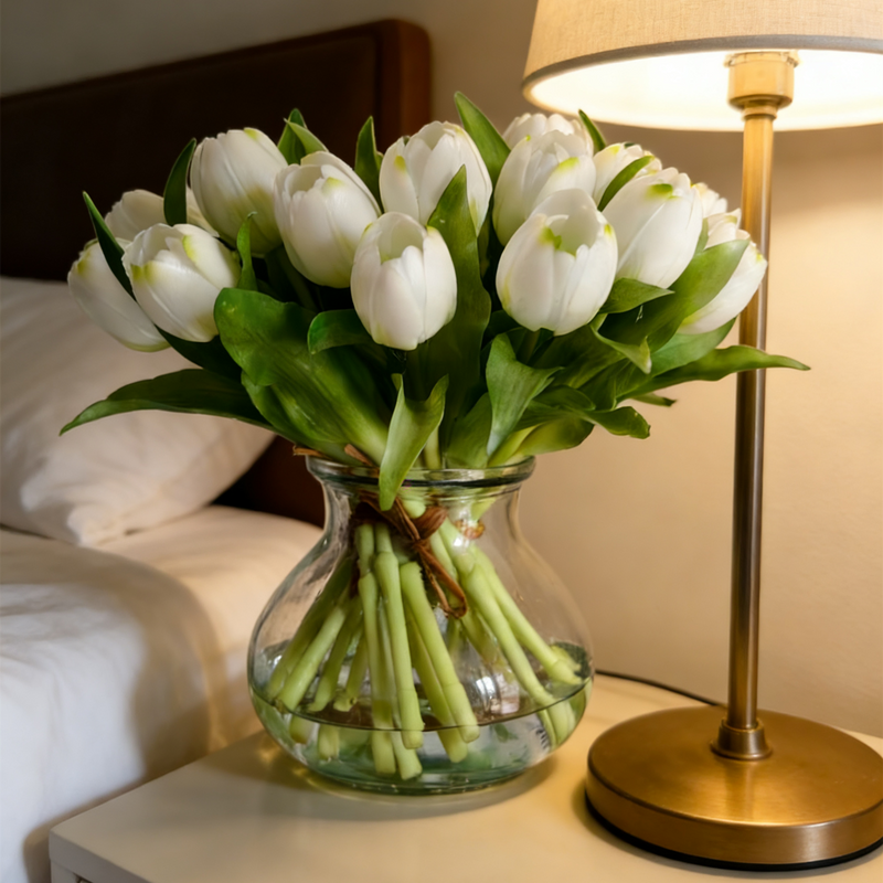 12" Artificial White Real Touch Tulip Arrangement in Vase with Faux Water