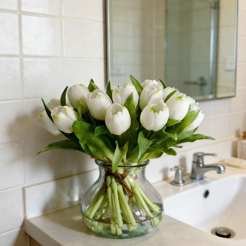 12" Artificial White Real Touch Tulip Arrangement in Vase with Faux Water