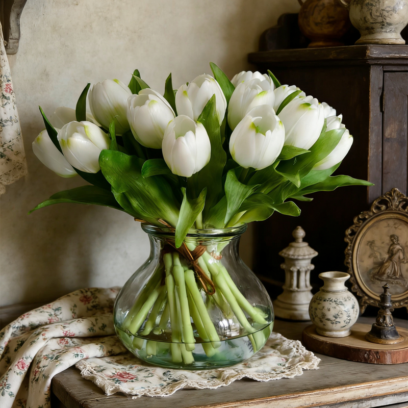12" Artificial White Real Touch Tulip Arrangement in Vase with Faux Water