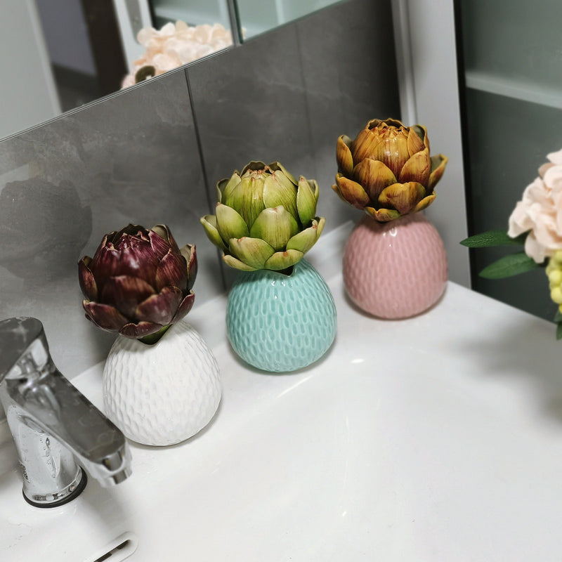 6 Inch Faux Artichoke Floral Arrangement with Vase – Artificial Flower Decor, Bulk Set