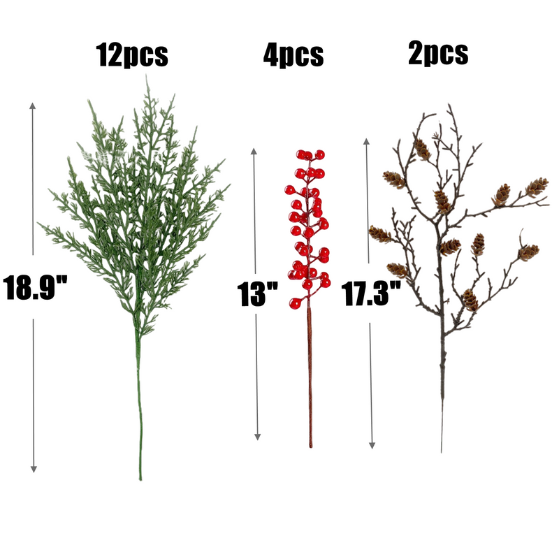 18 Pcs Faux Pine Stems with Pinecones and Red Berries, Realistic Artificial Greenery Branches for Vases, DIY Decor