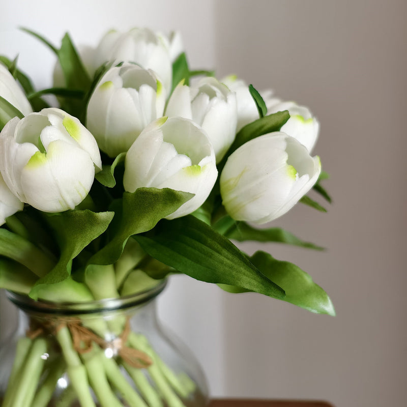12" Artificial White Real Touch Tulip Arrangement in Vase with Faux Water