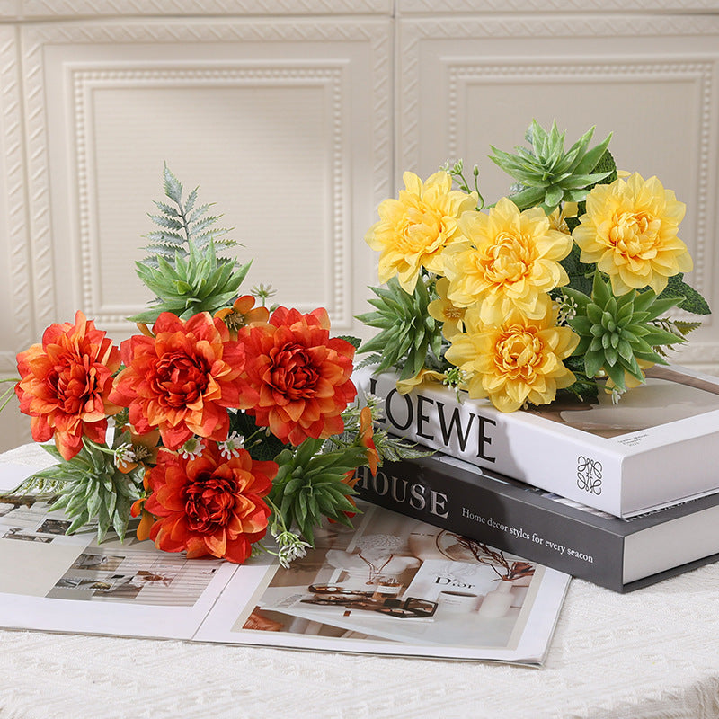 14 Inch Artificial Chrysanthemum Bushes, Mixed Succulent Plants, 10 Pcs Bulk Silk Floral Arrangement