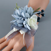 Navy Dahlia Wrist Corsage with Blue Berry, Artificial Flowers, Bulk Quantity