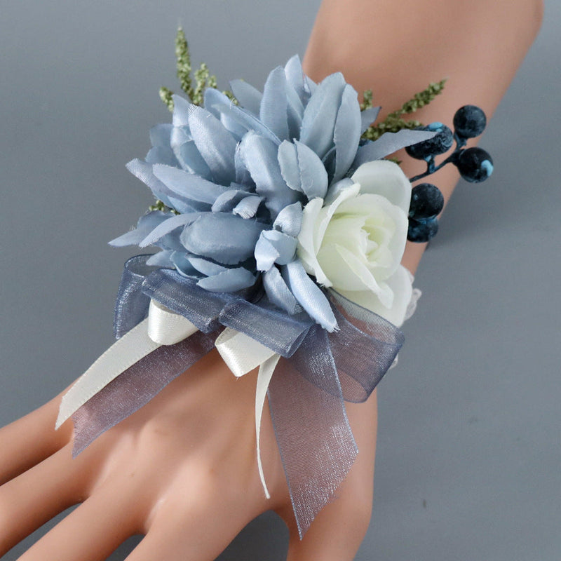 Navy Dahlia Wrist Corsage with Blue Berry, Artificial Flowers, Bulk Quantity