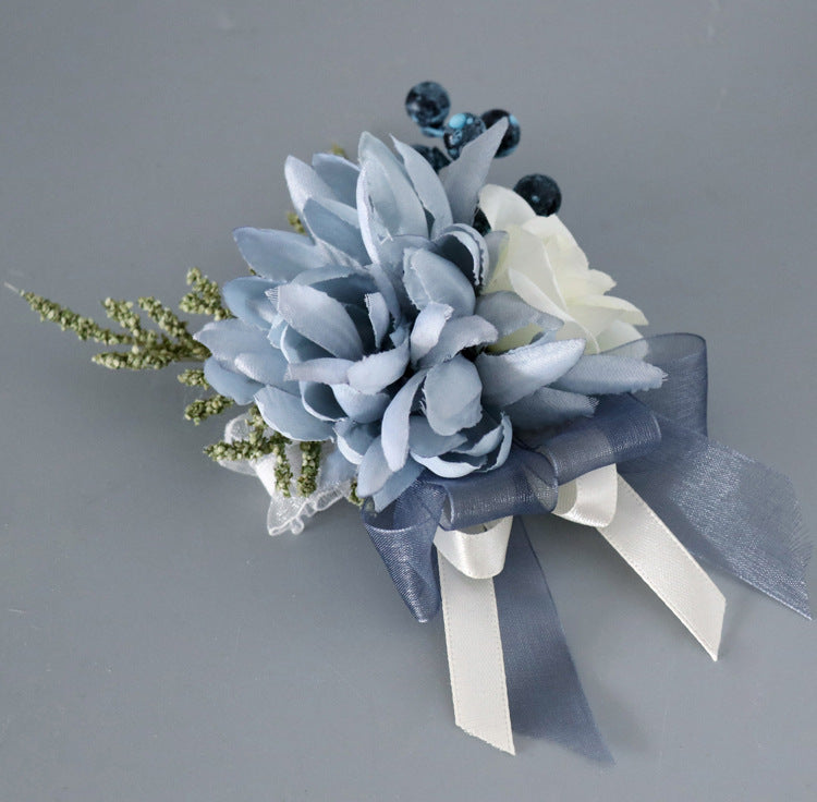 Navy Dahlia Wrist Corsage with Blue Berry, Artificial Flowers, Bulk Quantity