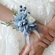 Navy Dahlia Wrist Corsage with Blue Berry, Artificial Flowers, Bulk Quantity