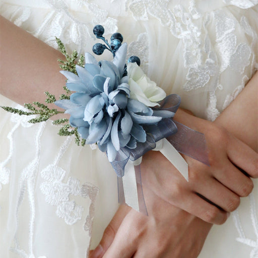 Navy Dahlia Wrist Corsage with Blue Berry, Artificial Flowers, Bulk Quantity