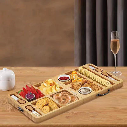 Foldable Bamboo Cheese Board Set with Cutlery - 11.42×11.42 Inch Portable Charcuterie Platter for Cheese, Fruits & Snacks