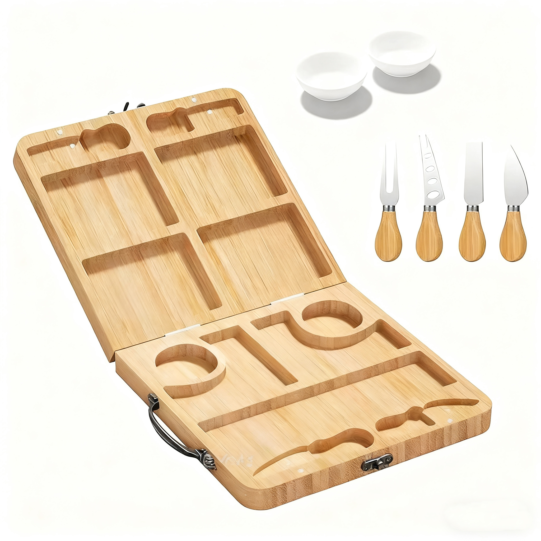 Foldable Bamboo Cheese Board Set with Cutlery - 11.42×11.42 Inch Portable Charcuterie Platter for Cheese, Fruits & Snacks