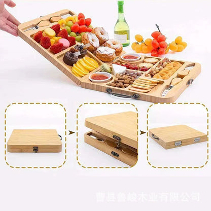 Foldable Bamboo Cheese Board Set with Cutlery - 11.42×11.42 Inch Portable Charcuterie Platter for Cheese, Fruits & Snacks