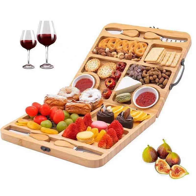 Foldable Bamboo Cheese Board Set with Cutlery - 11.42×11.42 Inch Portable Charcuterie Platter for Cheese, Fruits & Snacks