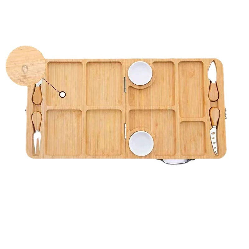 Foldable Bamboo Cheese Board Set with Cutlery - 11.42×11.42 Inch Portable Charcuterie Platter for Cheese, Fruits & Snacks