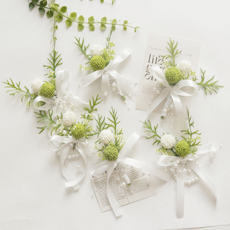 Forest-Style Artificial Boutonniere and Wrist Corsage Set for Wedding Prom Suits, White, Bulk Pack