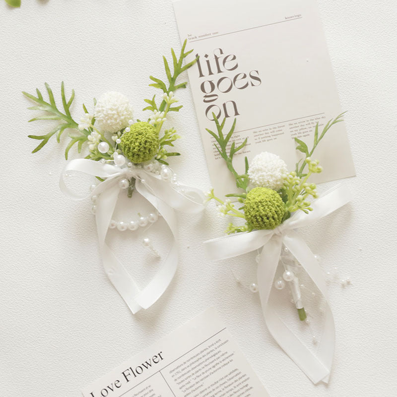 Forest-Style Artificial Boutonniere and Wrist Corsage Set for Wedding Prom Suits, White, Bulk Pack