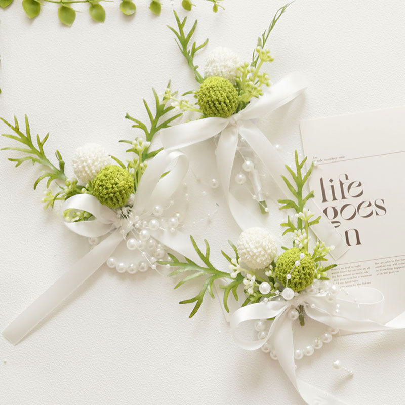 Forest-Style Artificial Boutonniere and Wrist Corsage Set for Wedding Prom Suits, White, Bulk Pack