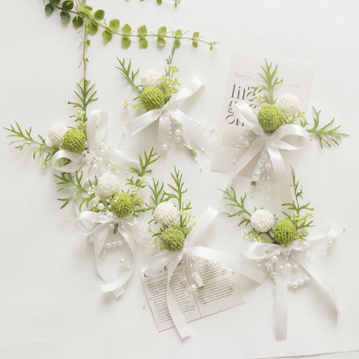Forest-Style Artificial Boutonniere and Wrist Corsage Set for Wedding Prom Suits, White, Bulk Pack