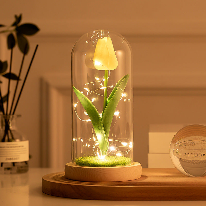 Artificial Tulip Flowers in Glass Dome with LED Light, 6 Inch, Silk