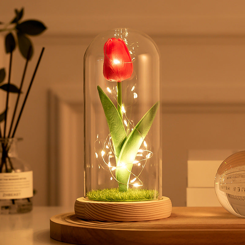 Artificial Tulip Flowers in Glass Dome with LED Light, 6 Inch, Silk