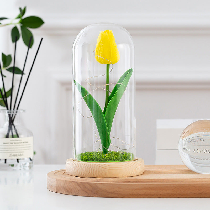 Artificial Tulip Flowers in Glass Dome with LED Light, 6 Inch, Silk