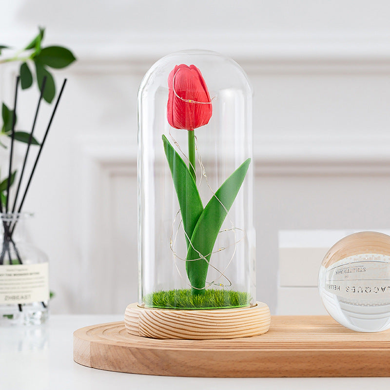 Artificial Tulip Flowers in Glass Dome with LED Light, 6 Inch, Silk