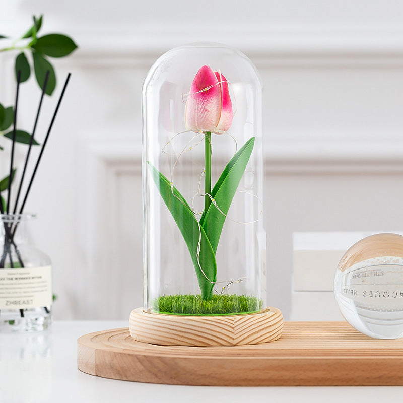 Artificial Tulip Flowers in Glass Dome with LED Light, 6 Inch, Silk