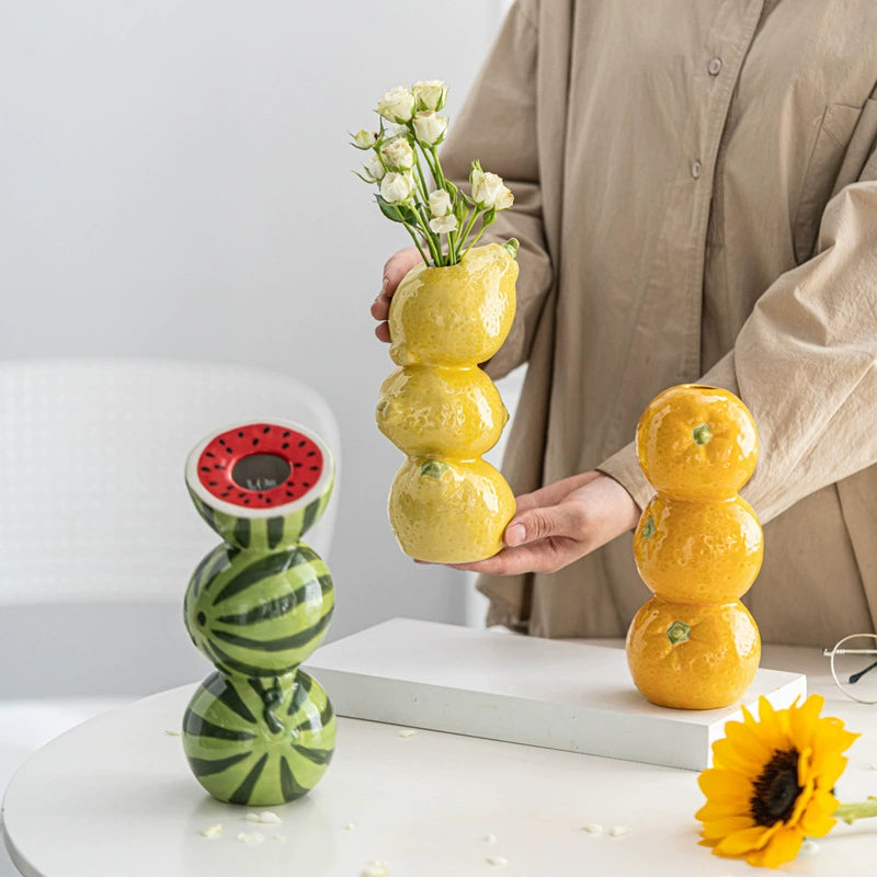Fruit-Shaped Stacked Vase (WatermelonLemonOrange) - Minimalist Desktop Home Decor