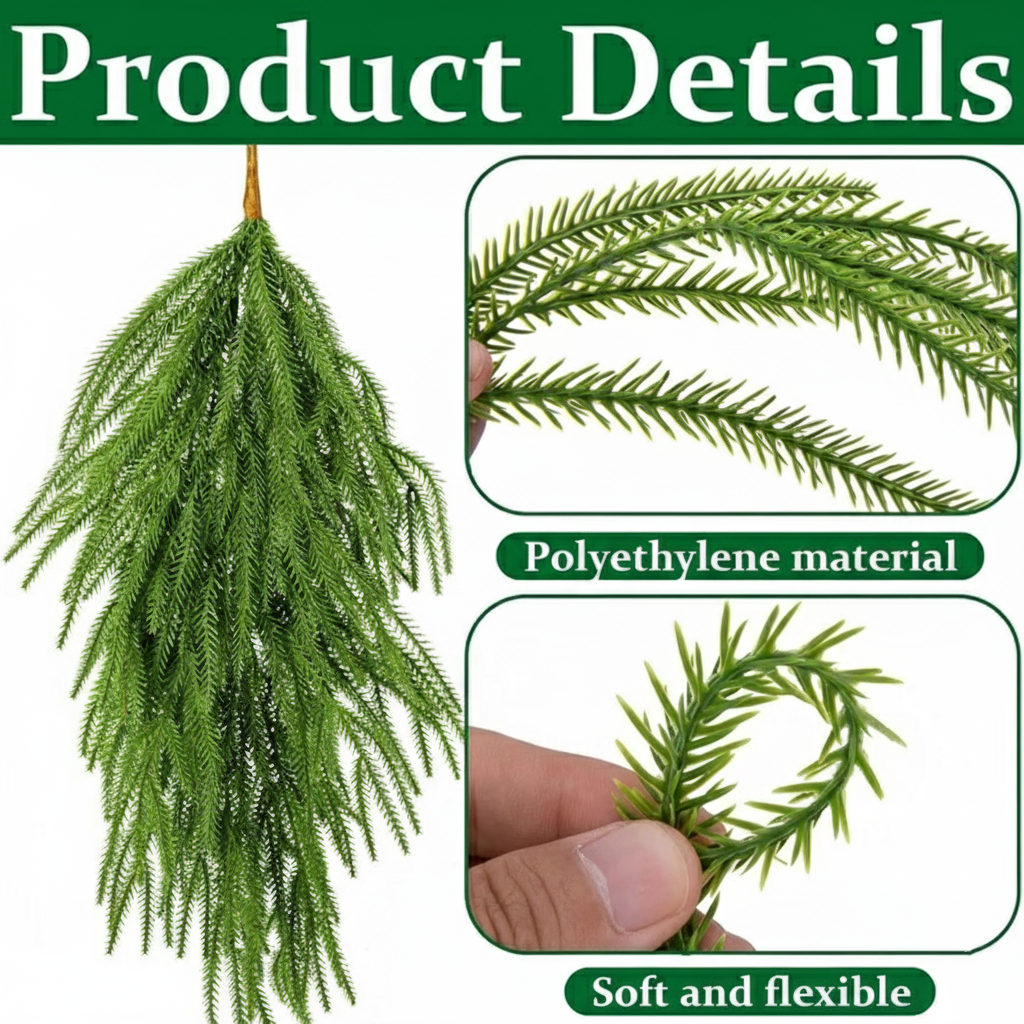 2 Pack Artificial Norfolk Pine Needle Swags - 26.4" Hanging Christmas Tree Decor for Indoor & Outdoor Wall