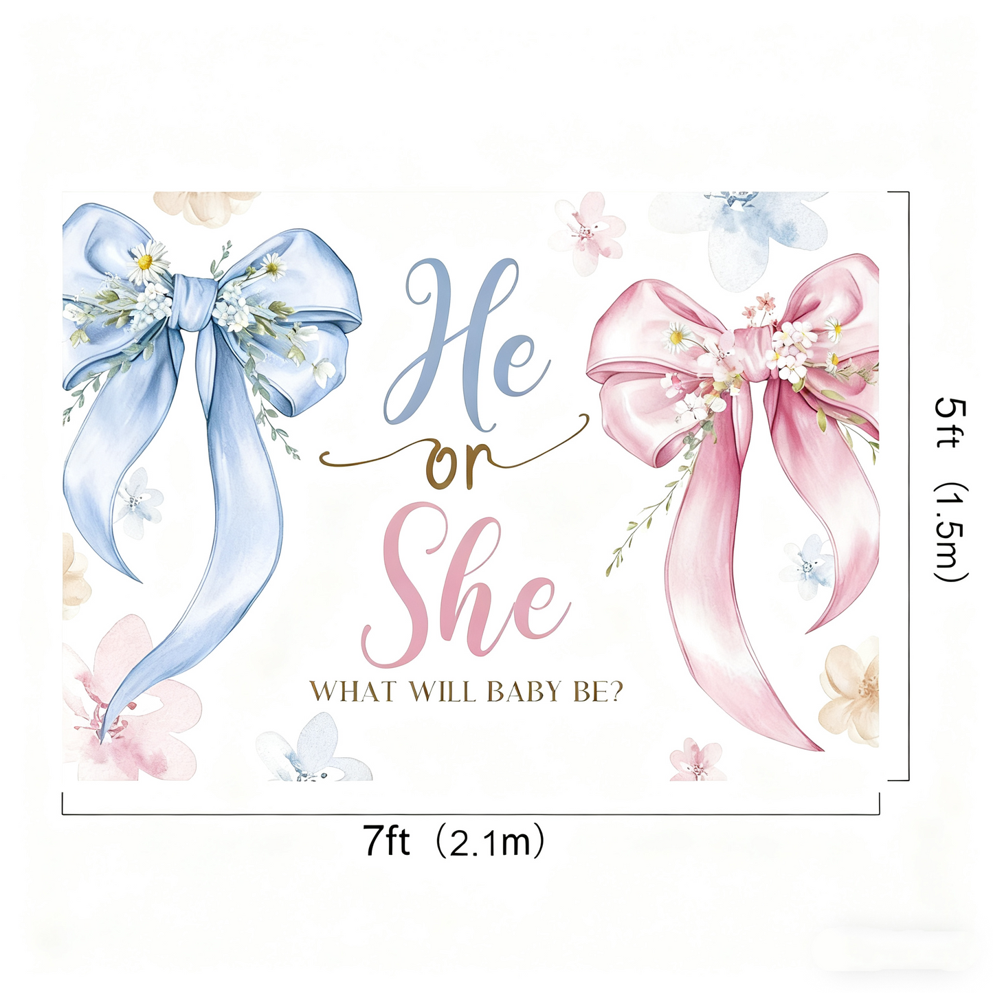 Gender Reveal Backdrop - "He or She" with Blue & Pink Bows - Baby Shower Party Banner