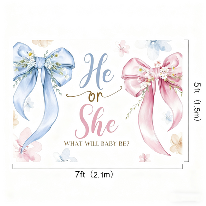 Gender Reveal Backdrop - "He or She" with Blue & Pink Bows - Baby Shower Party Banner