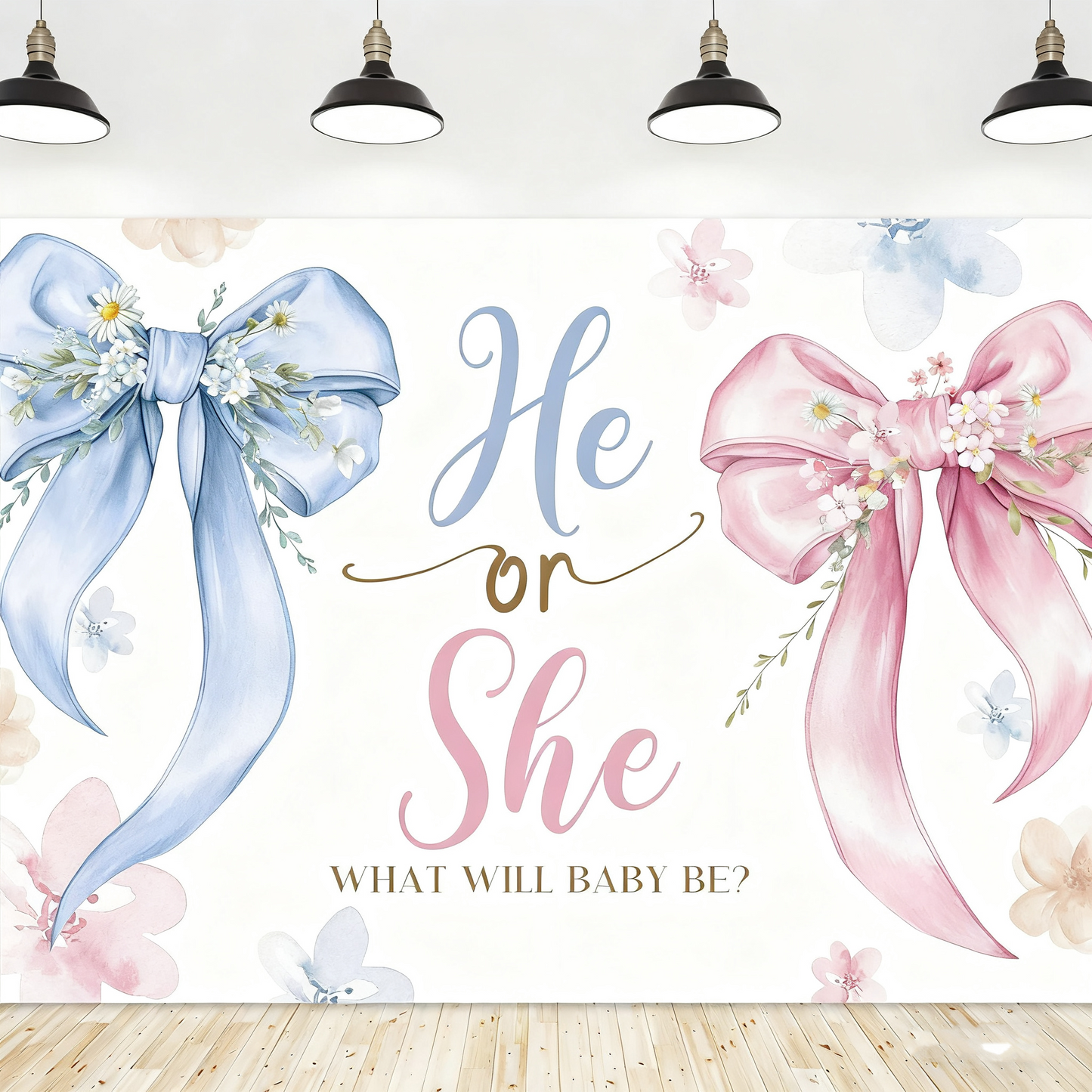 Gender Reveal Backdrop - "He or She" with Blue & Pink Bows - Baby Shower Party Banner