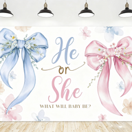 Gender Reveal Backdrop - "He or She" with Blue & Pink Bows - Baby Shower Party Banner