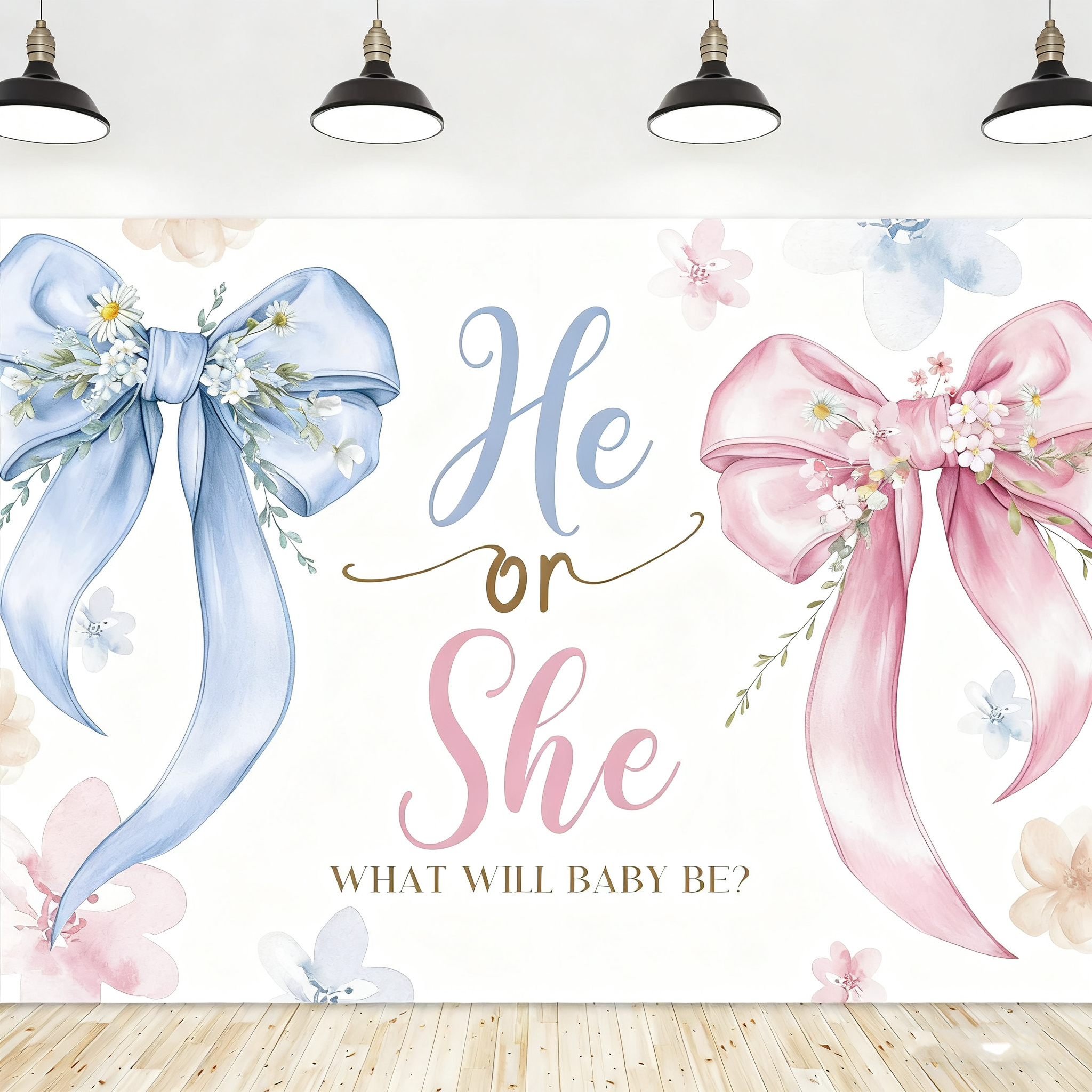 Gender Reveal Backdrop - "He or She" with Blue & Pink Bows - Baby Shower Party Banner