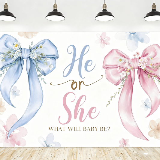 Gender Reveal Backdrop - "He or She" with Blue & Pink Bows - Baby Shower Party Banner