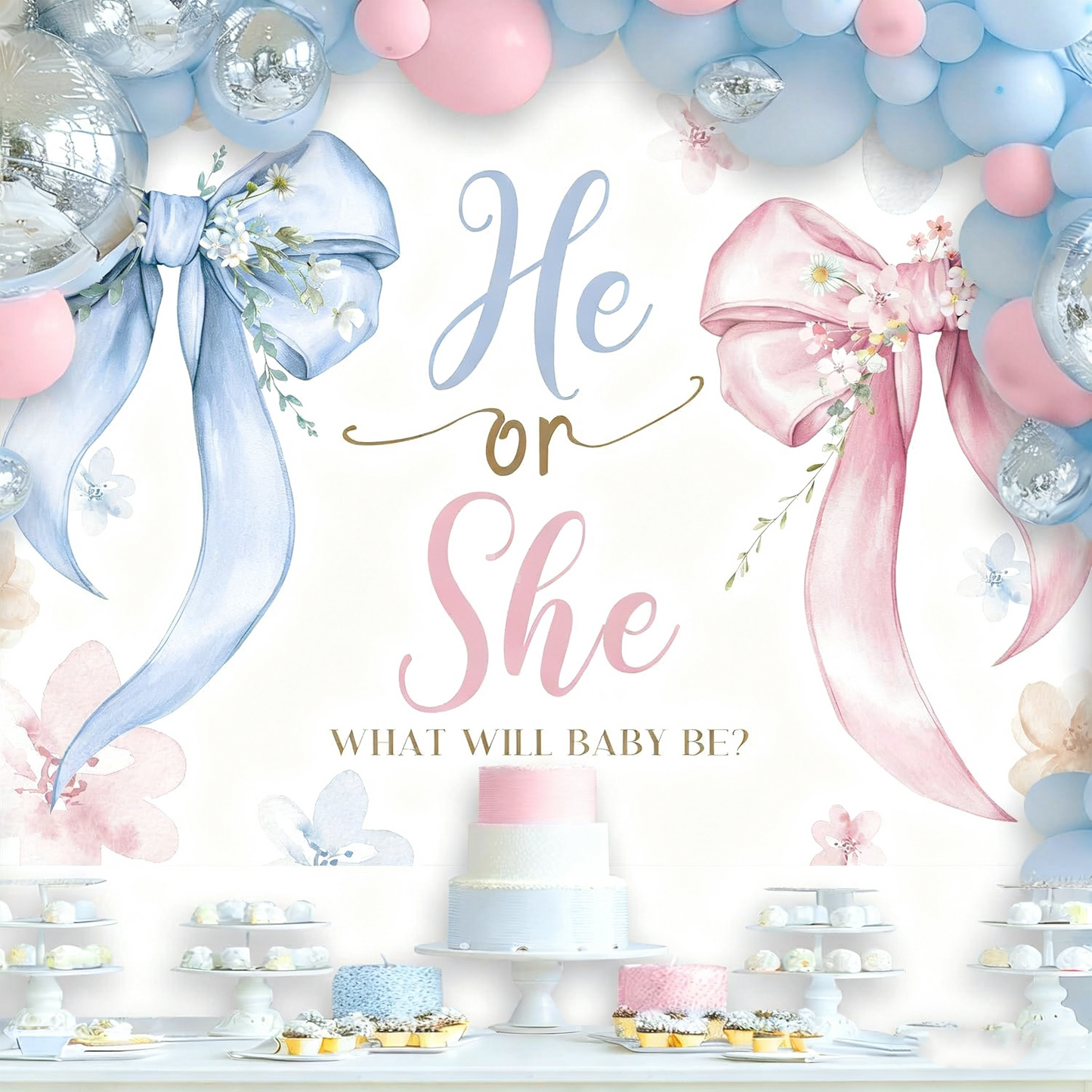Gender Reveal Backdrop - "He or She" with Blue & Pink Bows - Baby Shower Party Banner